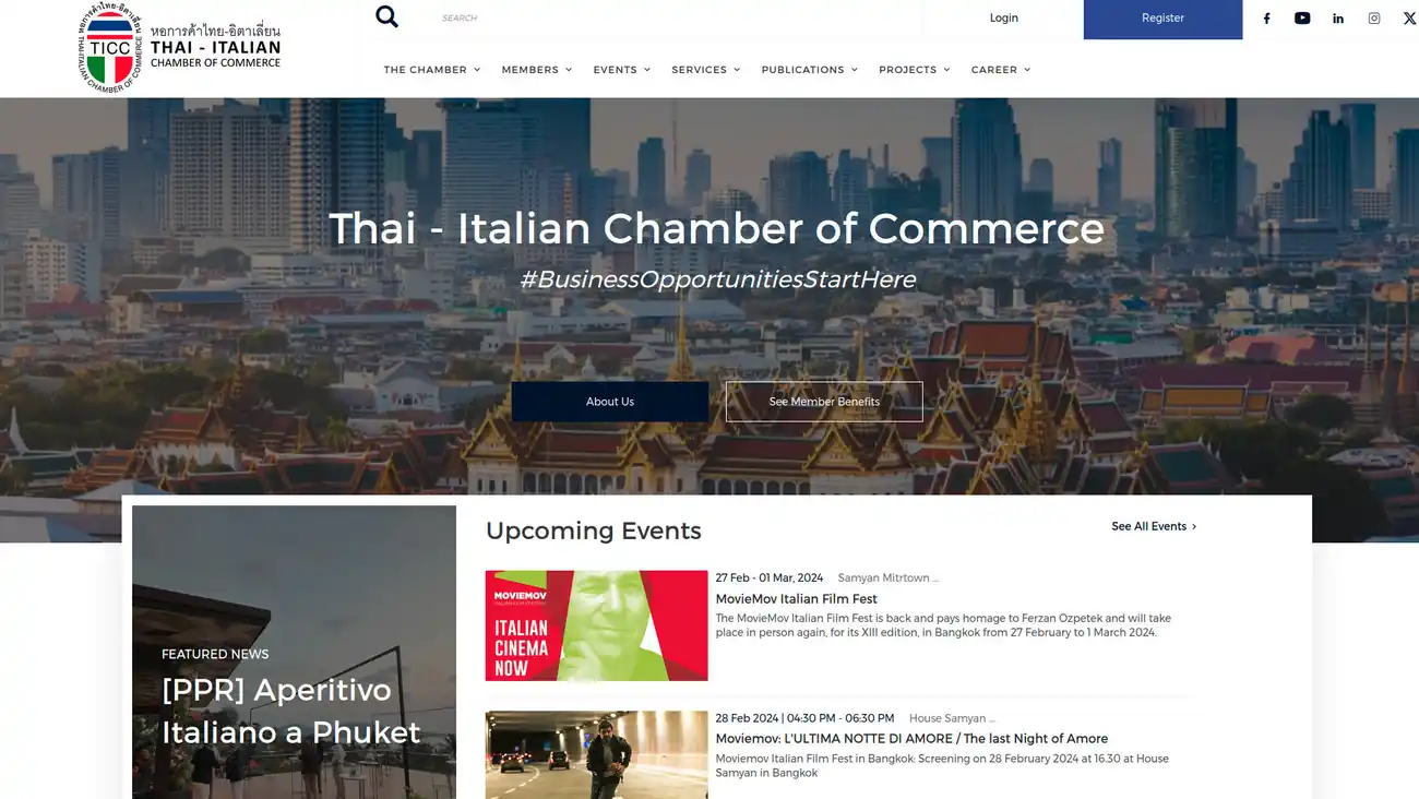A screenshot image of Thai Italian Chamber of Commerce website. It shows a skyline of Bangkok and cards with summaries and links to upcoming events and various articles
