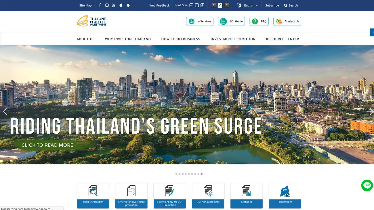 Screenshot image of the Thailand board of investment website with headline; Riding Thailand's Green Surge. Menus and links to various website sections about business and investing in Thailand