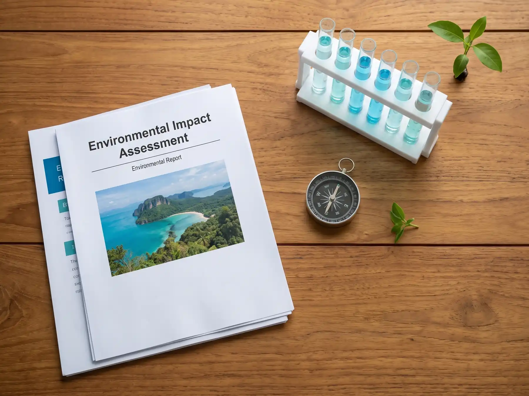 On a wooden table there is a document titled Environmental Impact Assessment above an image of Krabi's coastline, next to the document, reflecting the contents of the report is a small green leaf plant a navigational compass and a rack of liquid samples