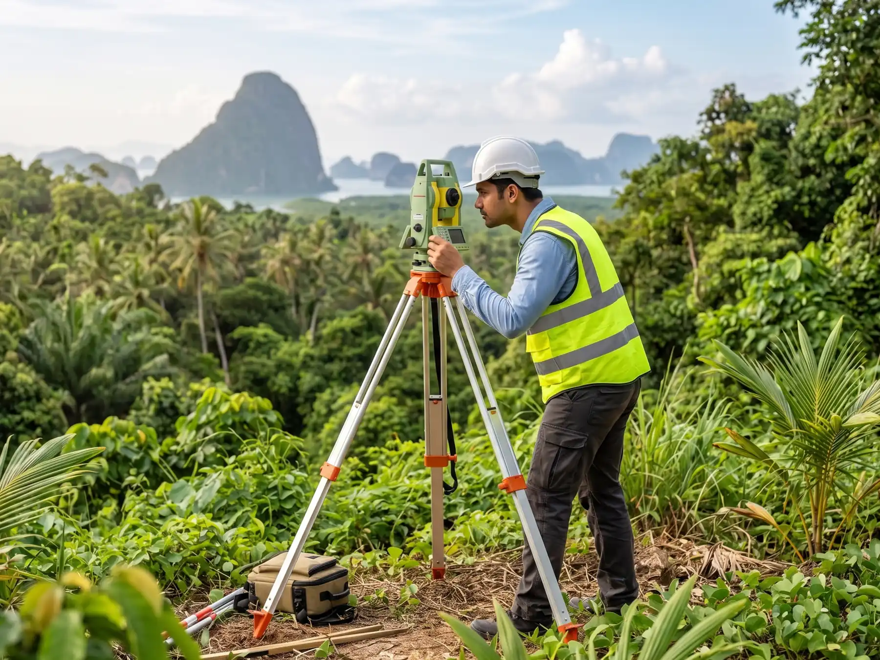 A land surveyor operating a total station on a tropical Krabi hillside