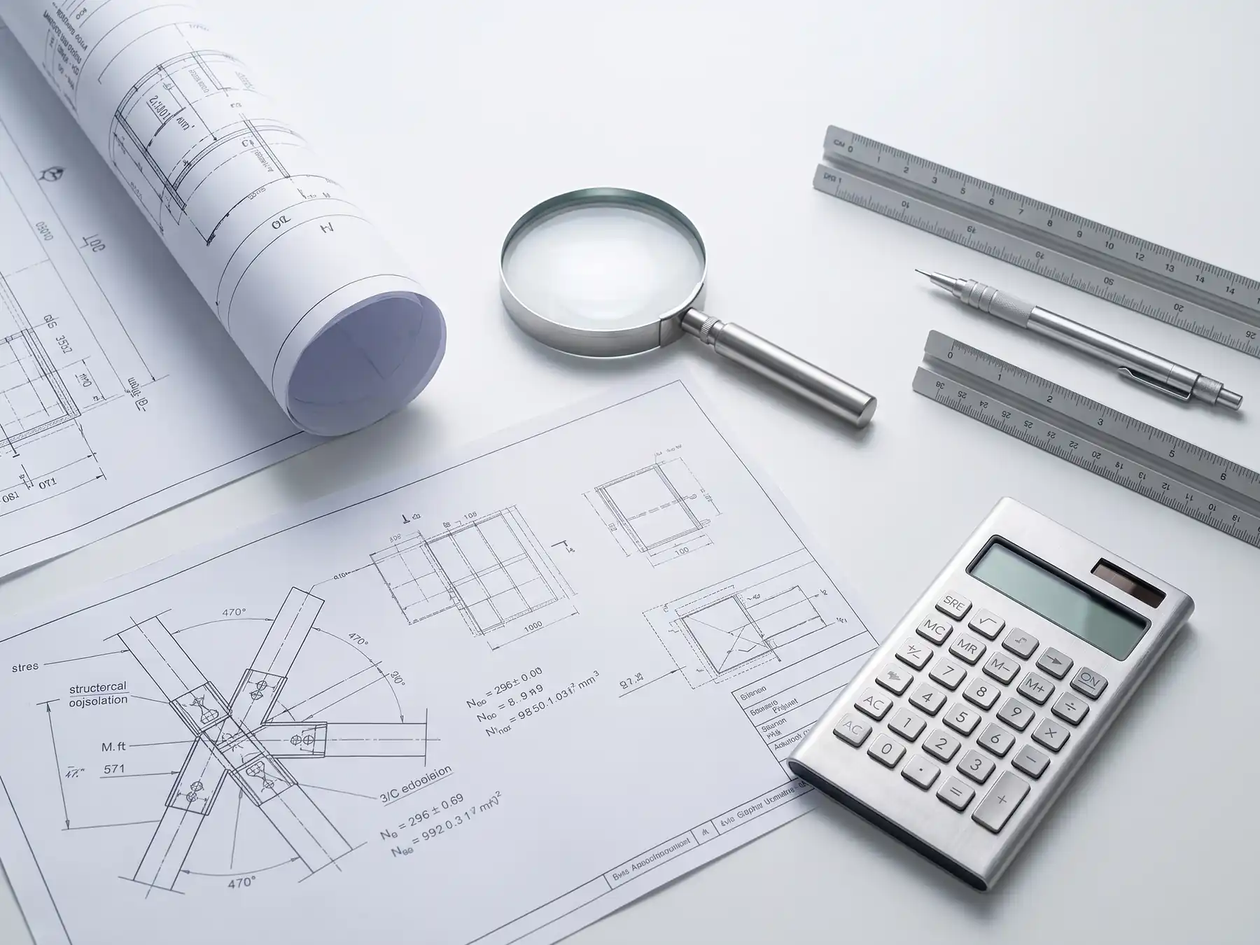 On a plain white desktop there are technical design blueprint plans a magnifying glass, calculator, rulers and a steel propelling pencil