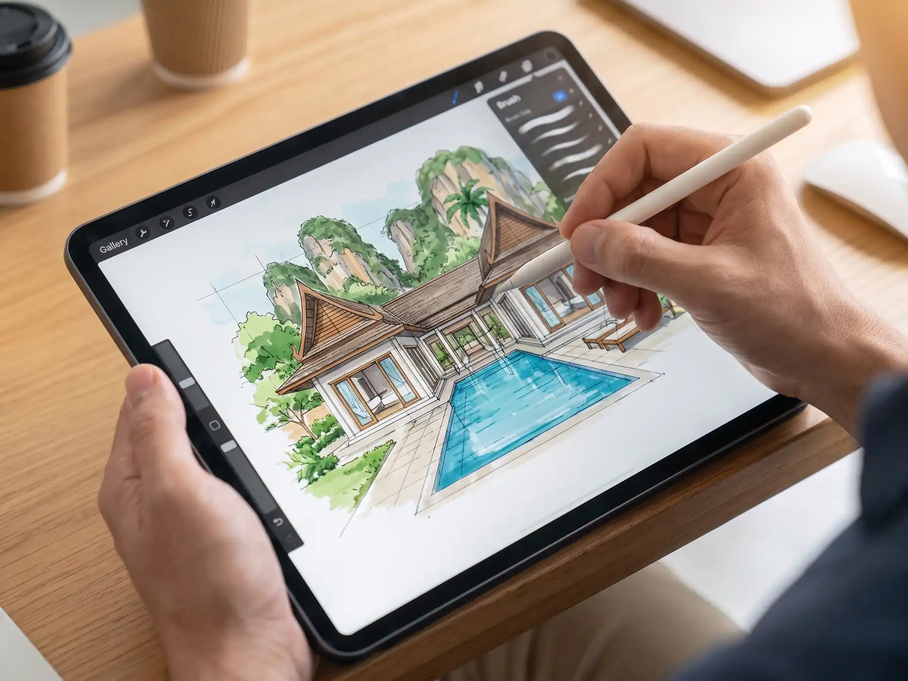 A designer sketches a tropical pool villa concept on a drawing tablet