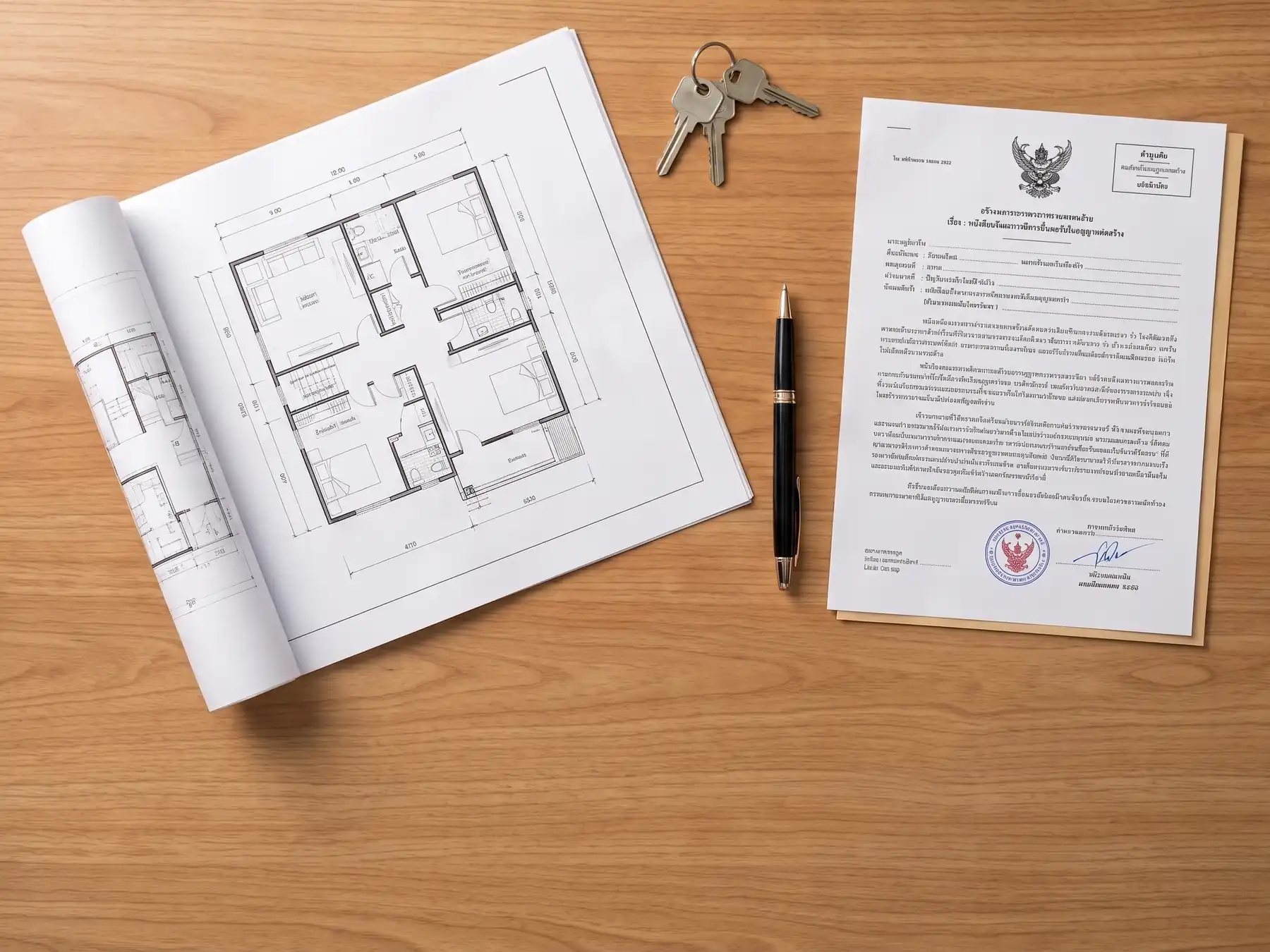on a wooden desk there is a document of building floor plans. A stamped document in the Thai language showing the garuda logo, a pen for signing the document and a set of house keys