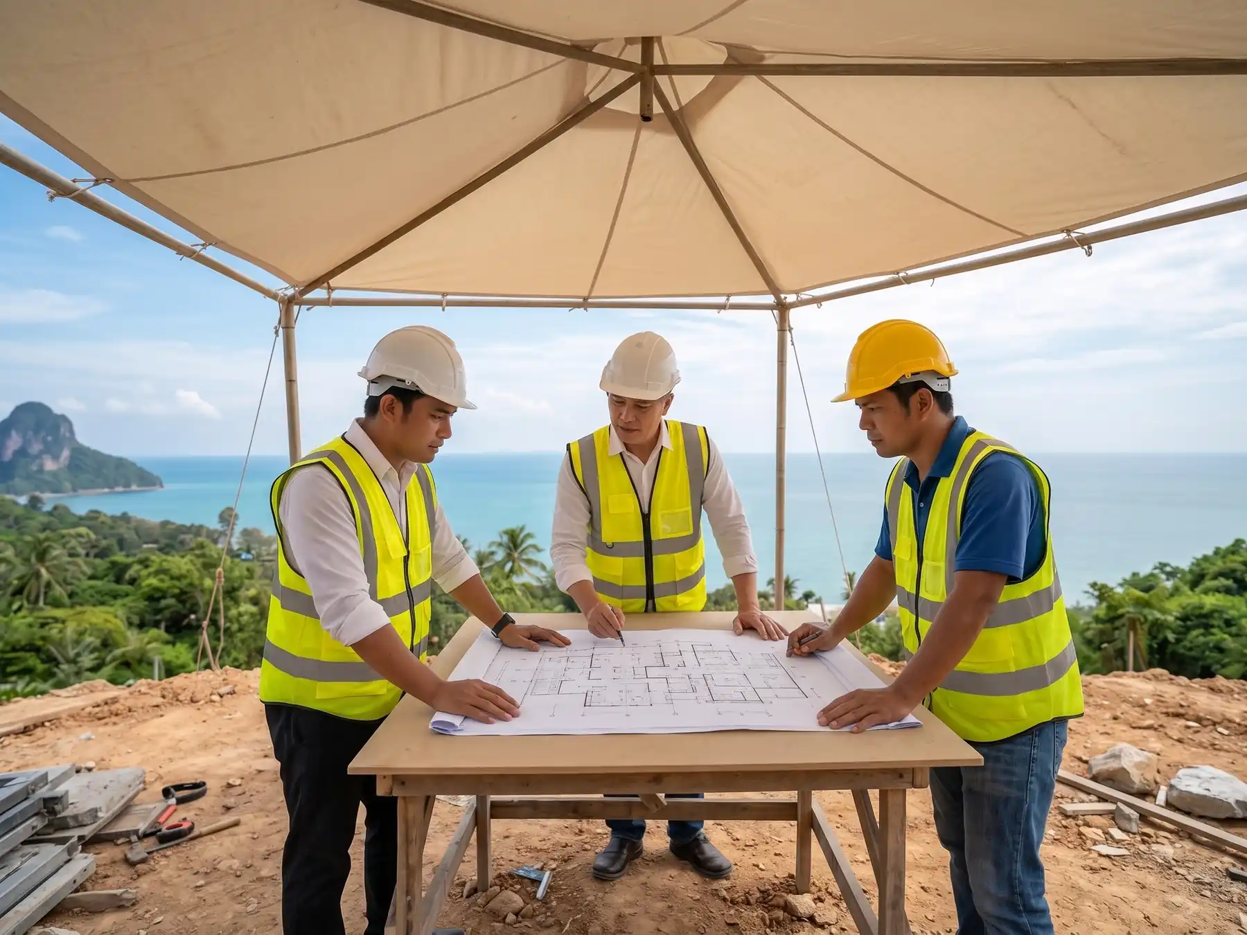 3 men wearing hard hats and high viz jackets look at building plans on a table under a canvas tent shade. They are on a cleared worksite on a hillside in Krabi overlooking the sea