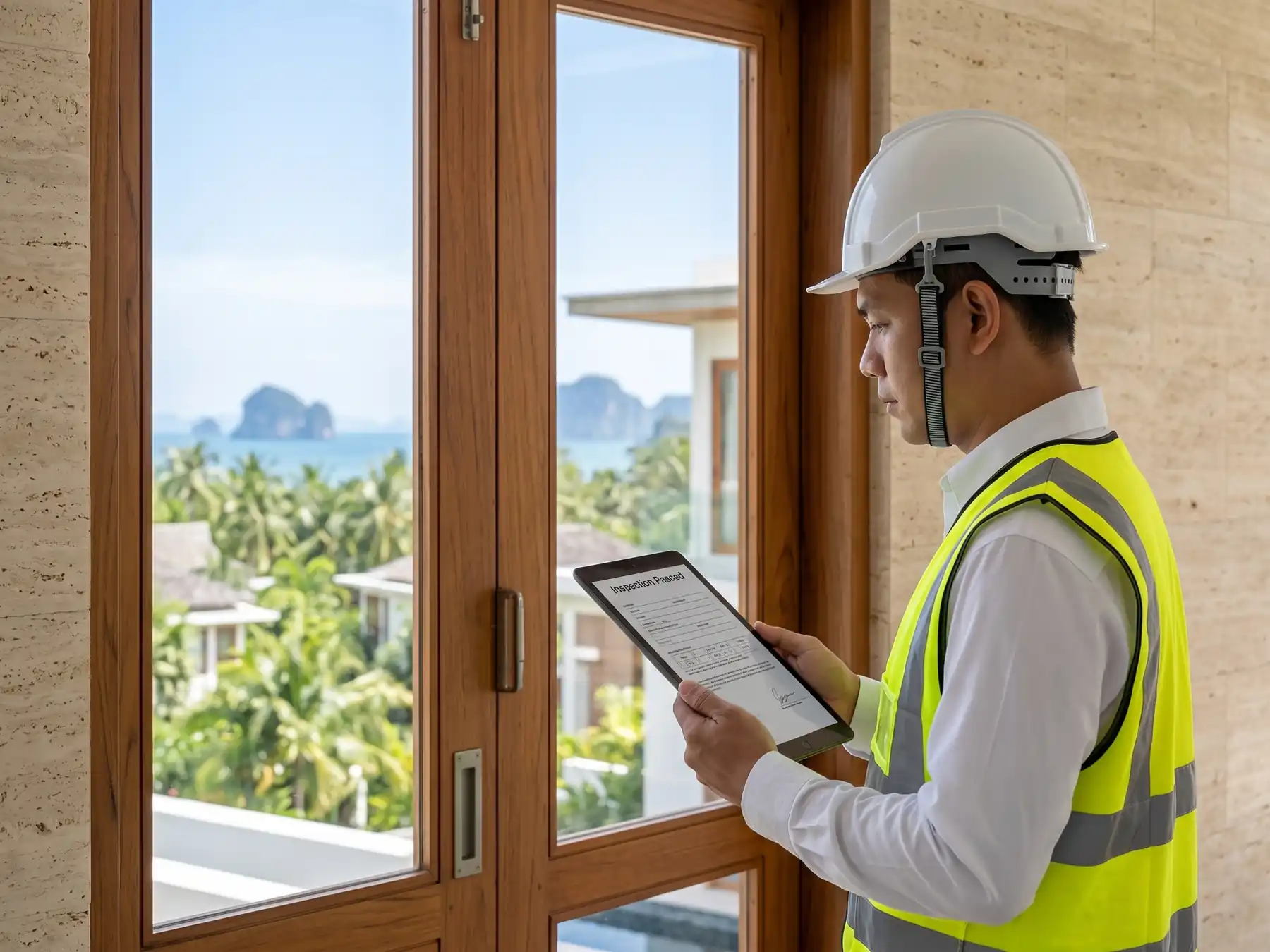 A man stands in a room by some glass paneled exterior doors. He is wearing a hard hat and wearing a high viz jacket. He's holding a clipboard with a questionnaire style form. Through the windows are houses and beyond is a view of Krabi's tropical coastline and the sea.