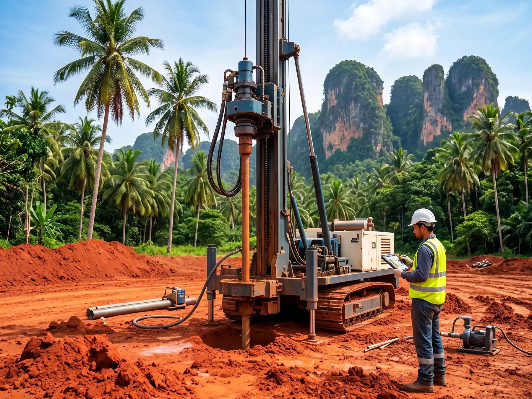 A workman with a hard hat and clipboard supervises the operation of a hydraulic soil drilling rig getting sample for geotechnical soil analysis