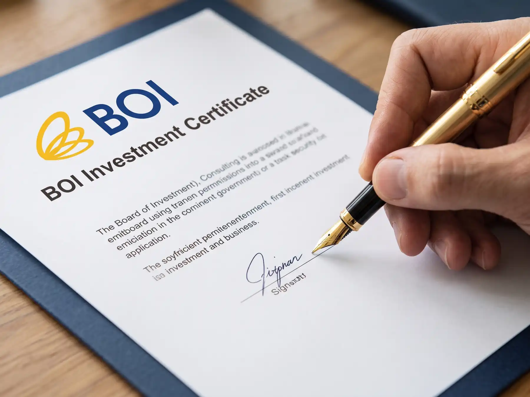 A single page document titled BOI Investmnet Certificate is being signed by someone holding a classic looking fountain pen