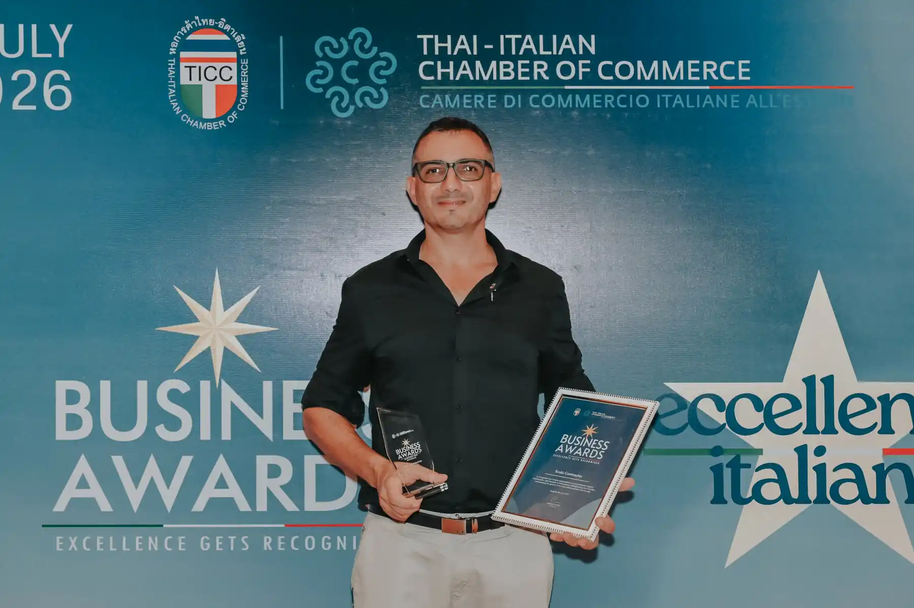 Stefano Gonella CEO and founder of Krabi Contractor Co., Ltd. collecting TICC Business Award 2026