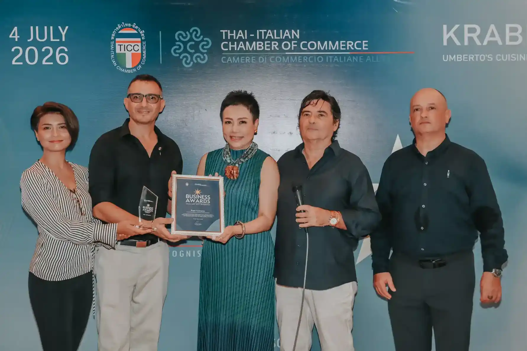 Stefano Gonella CEO of Krabi Contractor receives the TICC Business Award 2026 from Dr. Francesco Pensato, General Honorary Consul of Italy and TICC Vice President, alongside Ms. Panitta Srisa-ard, TICC Director.